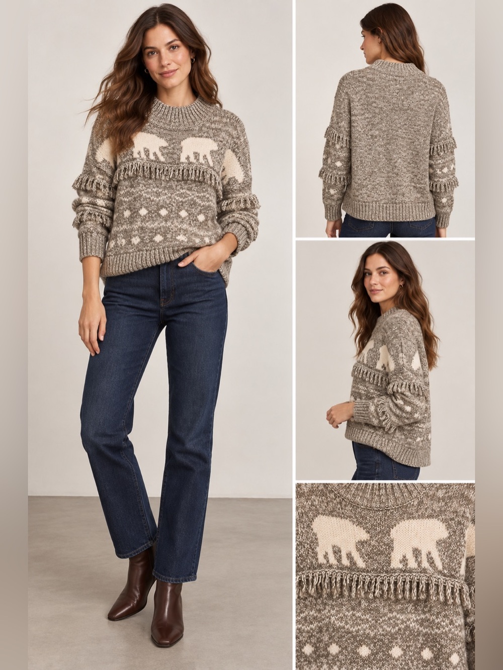 LOFT Polar Bear Fair Isle Fringe Sweater Tan Cream Cotton Wool Size M